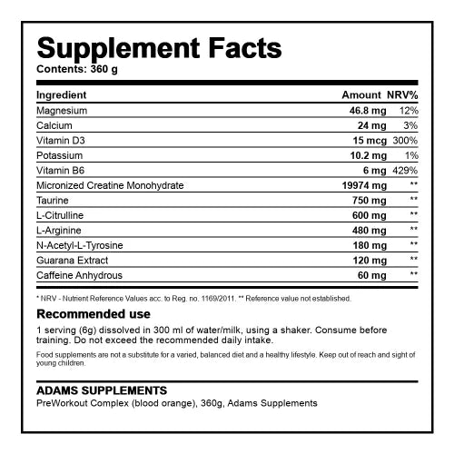Adams Supplements Pre-Workout Complex Lemon Twist 360 g | 6 g ανά μερίδα | 60 μερίδες ανά συσκευασία