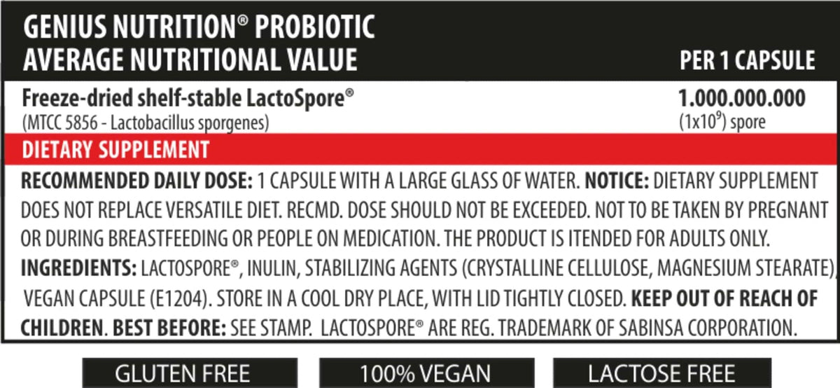 Genius Nutrition probiotic supplement bottle with 60 capsules, dietary supplement for digestive health.