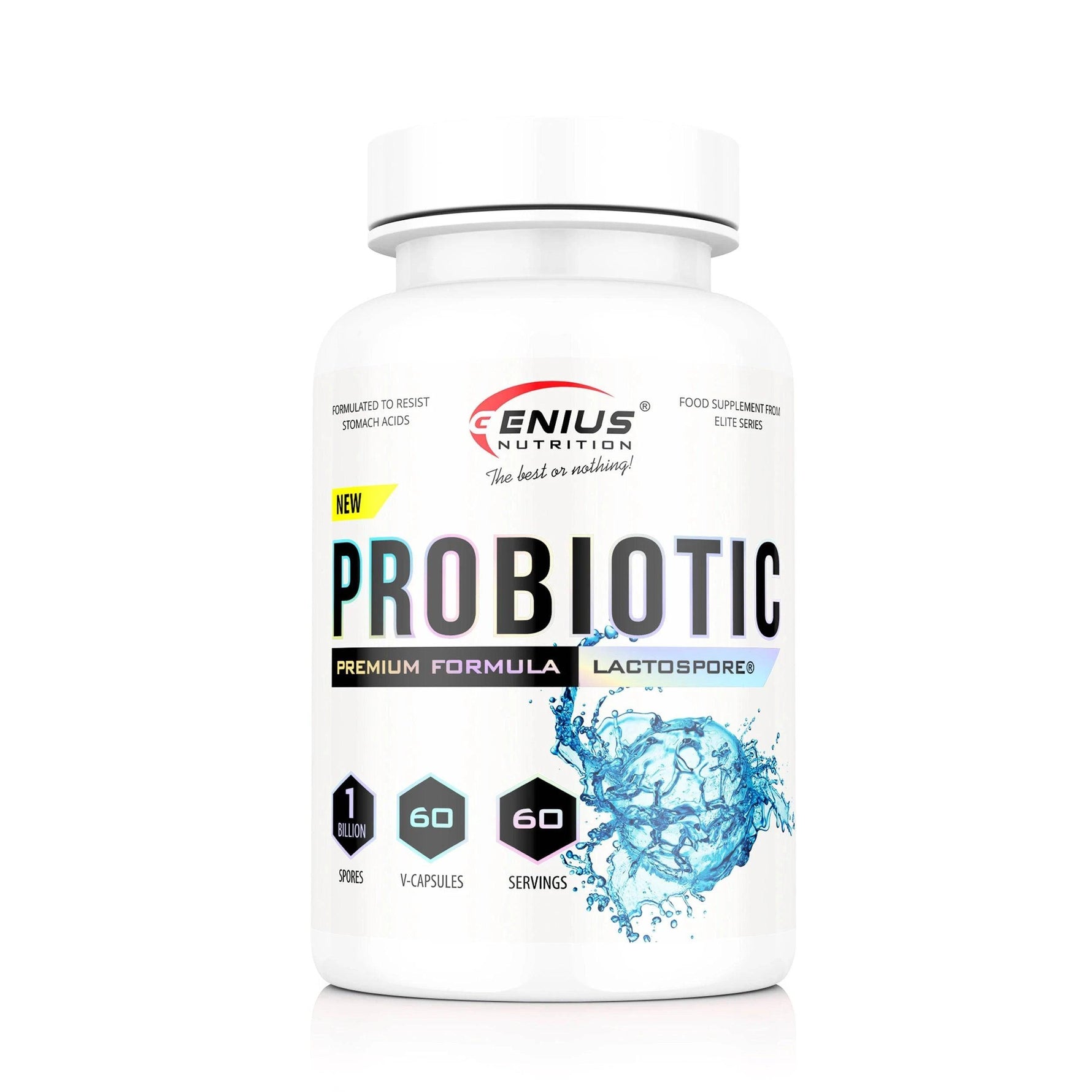 Genius Nutrition probiotic supplement bottle with 60 capsules, showing the label and product packaging.
