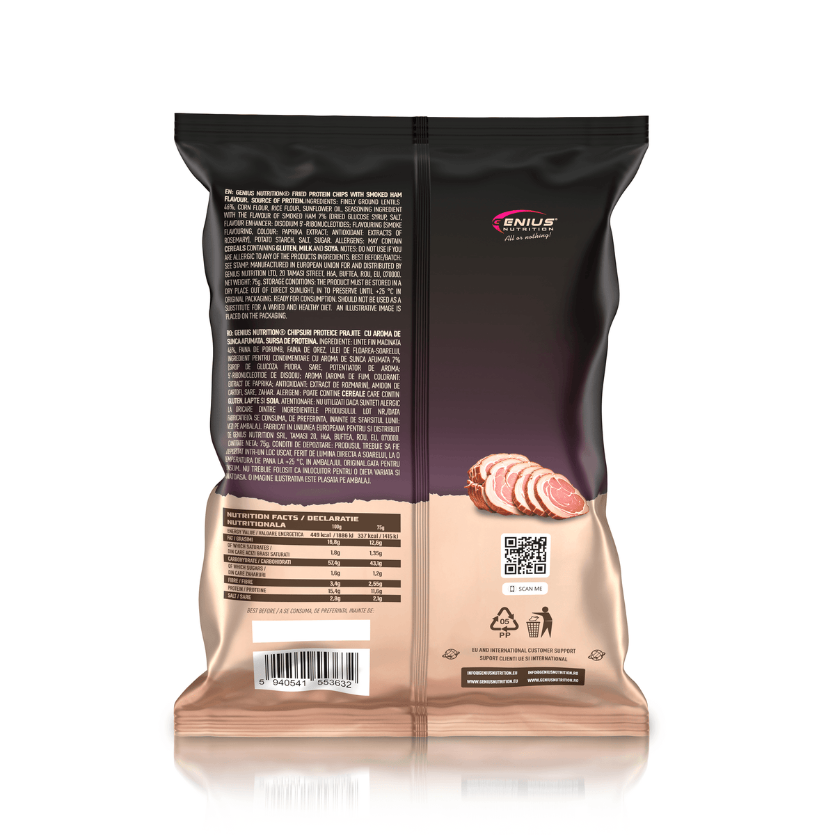 Genius Nutrition Protein Chips 75g, smoked ham flavor, lentil-based energy snack on white background.