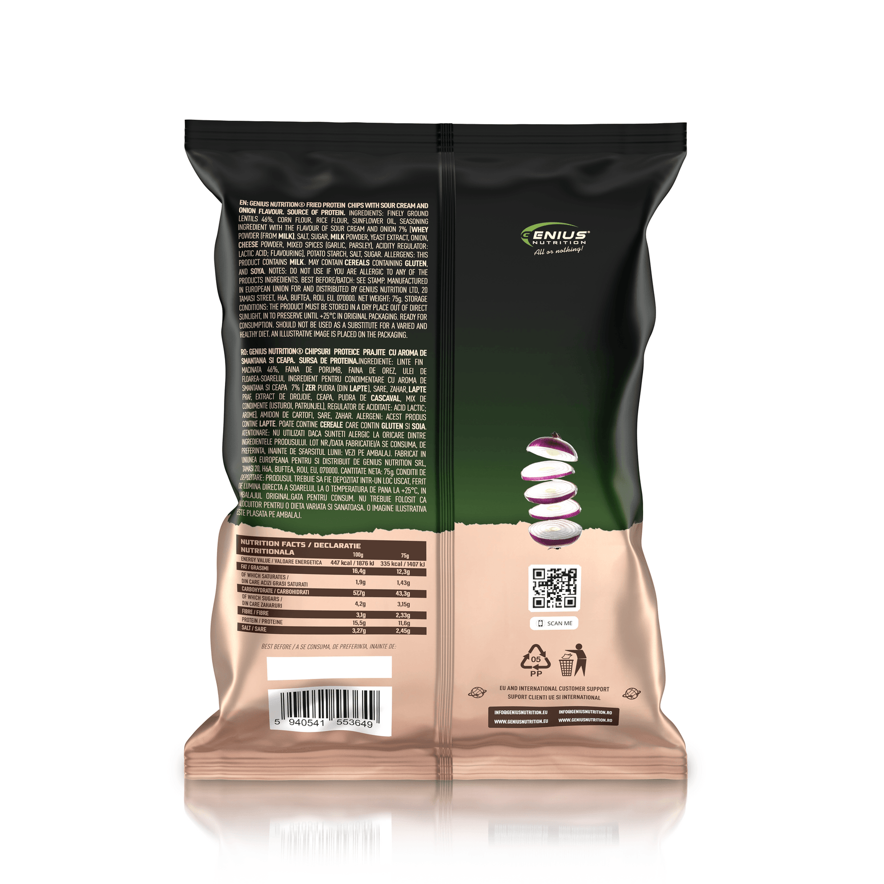 Genius Nutrition Protein Chips 75g in sour cream flavor, featuring lentil-based energy snack with crispy texture and white background.