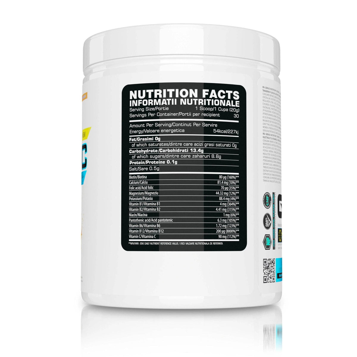 Genius Nutrition Isotonic supplement in tangerine flavor, 600g protein pancake food supplement with nutrition facts on label