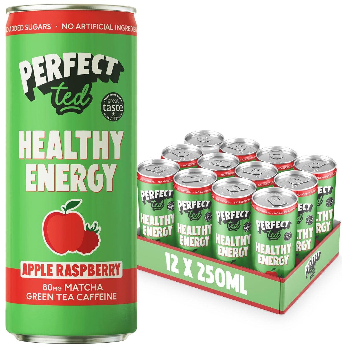 Herbalistas PerfectTed Ceremonial Matcha Energy Drink in Apple & Raspberry flavor, 250ml beverage with vibrant fruit and green tea colors.