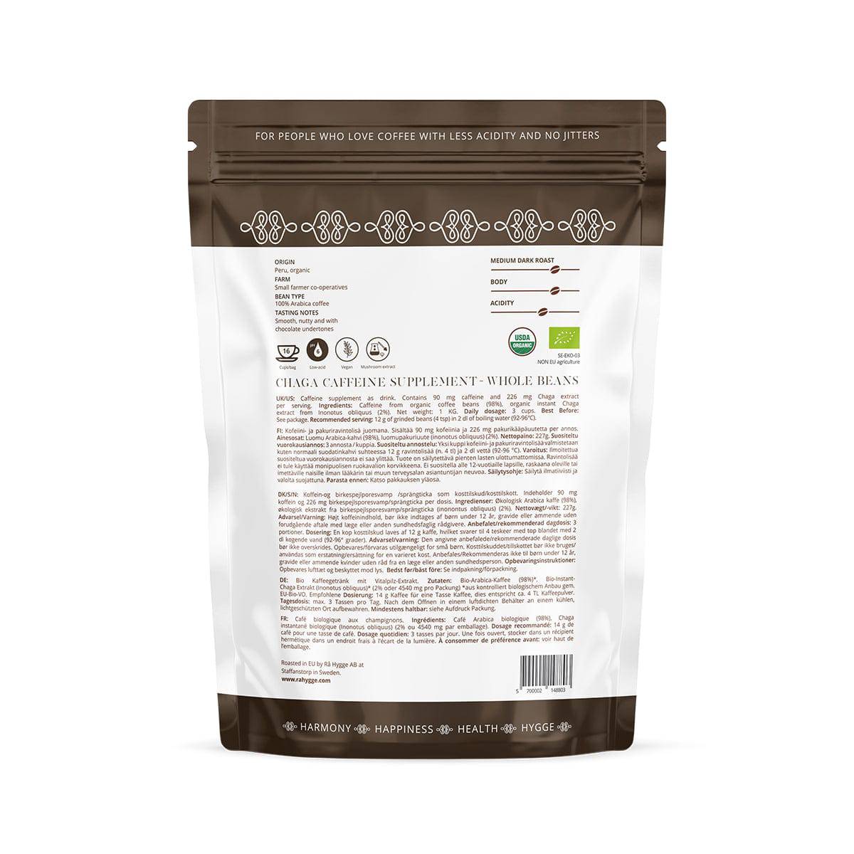 Old Products Rå Hygge BIO Chaga Mushroom Coffee whole beans in a 227g pack, back view showing the Doypack packaging.
