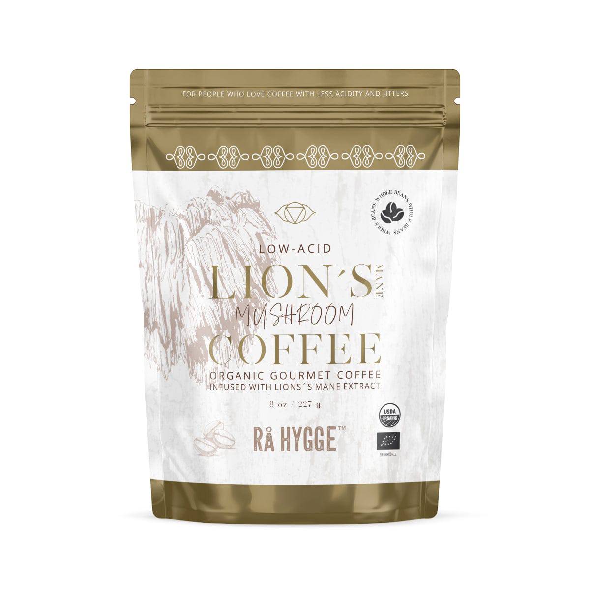 Whole beans of Rå Hygge BIO Lions Mane Coffee by Herbalistas in a 227g doypack, featuring natural lion's mane mushroom flavor.