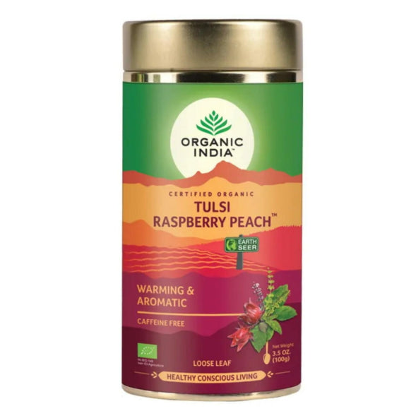 Organic India, BIO Tulsi Raspberry Peach Χαλαρά φύλλα 100g Κασσίτερος 