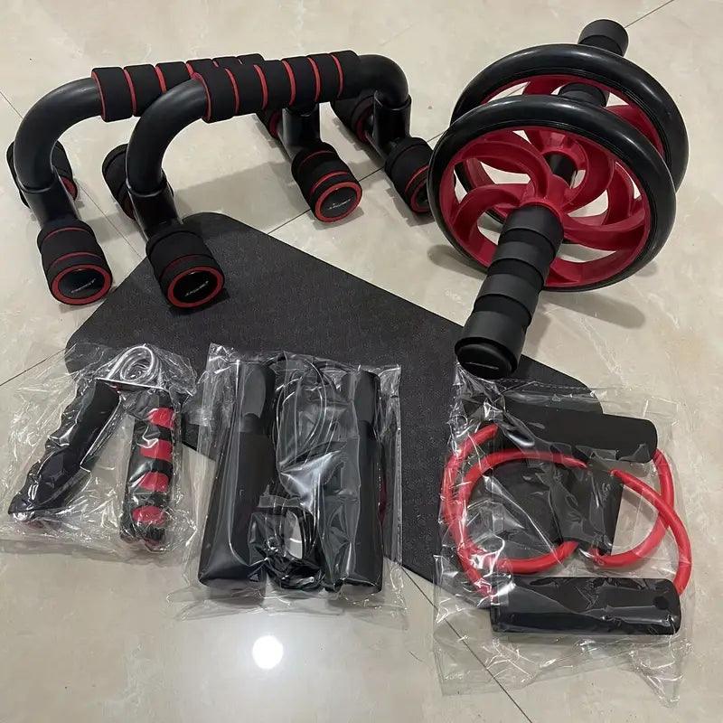 Red 7-piece TEMU ab workout set including push-up stand, ab wheel, mini mat, resistance band, jump rope, and hand gripper.