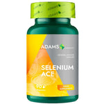 Adams Supplements Selenium ACE supplement bottle with 90 capsules, featuring labels and product branding.