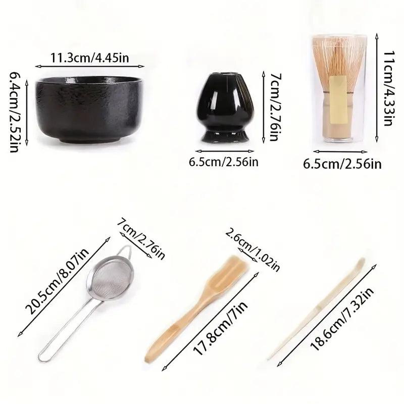 Six-piece Japanese-style bamboo matcha set with bowls, whisks, and scoop, perfect for traditional tea preparation.