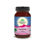 Organic India BIO Shatavari capsules in a bottle, herbal supplement for women, with green and white packaging.