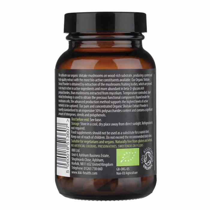 Organic Shiitake Mushroom Extract supplement by Herbalistas in a bottle of 60 vegicaps, showing the supplement capsules.