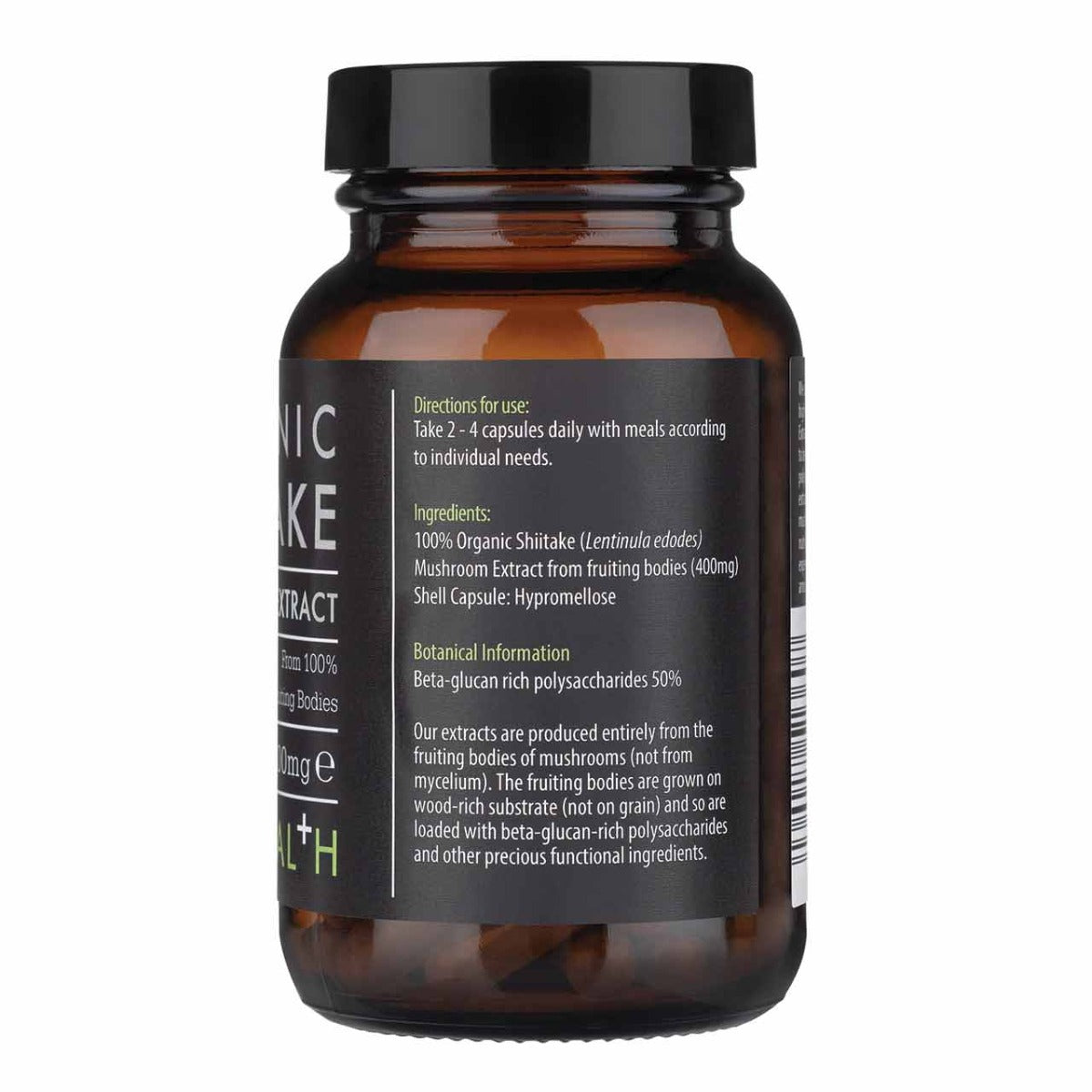 Herbalistas Kiki Health Organic Shiitake Mushroom Extract supplement in 60 vegicaps, showing the supplement bottle and capsules.