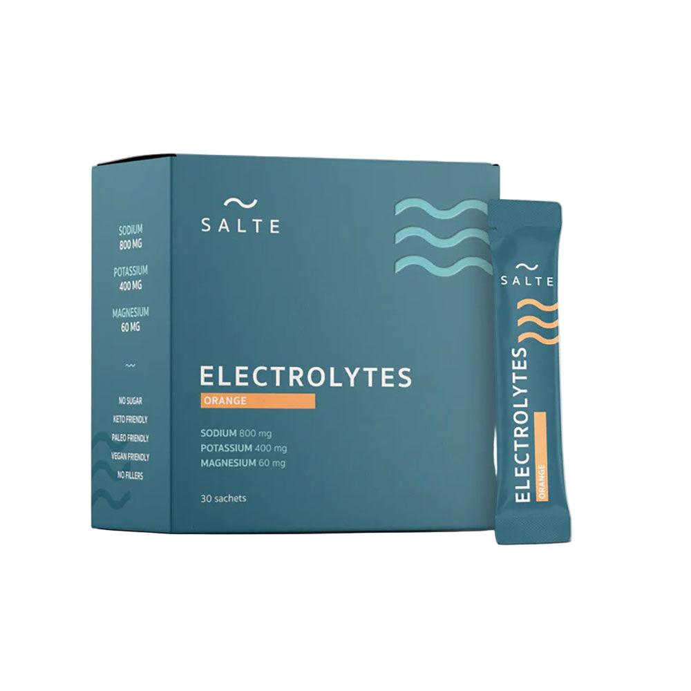 Herbalistas Salte performance electrolytes supplement in orange flavor, 30 sachets, featuring orange-flavored powder packets for hydration.
