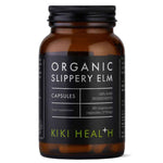 Organic Slippery Elm supplement by Herbalistas, showing 60 Vegicaps in a clear container, used for soothing digestive health.