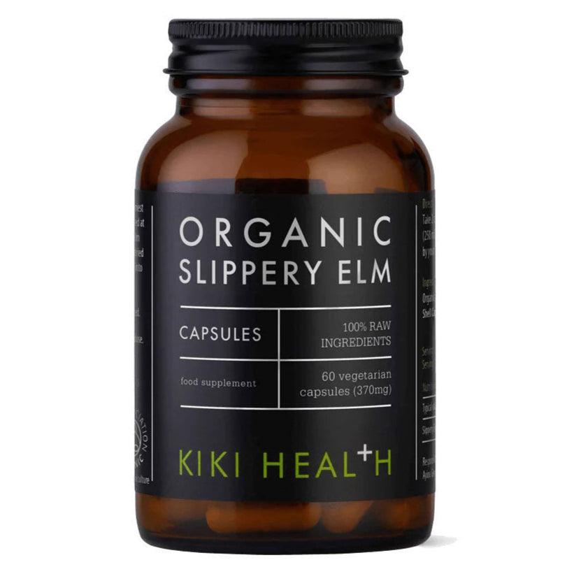 Organic Slippery Elm supplement by Herbalistas, showing 60 Vegicaps in a clear container, used for soothing digestive health.