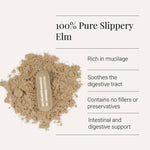 Herbalistas Kiki Health organic slippery elm supplement in 60 vegicaps, showing the capsule bottle and infographic label.