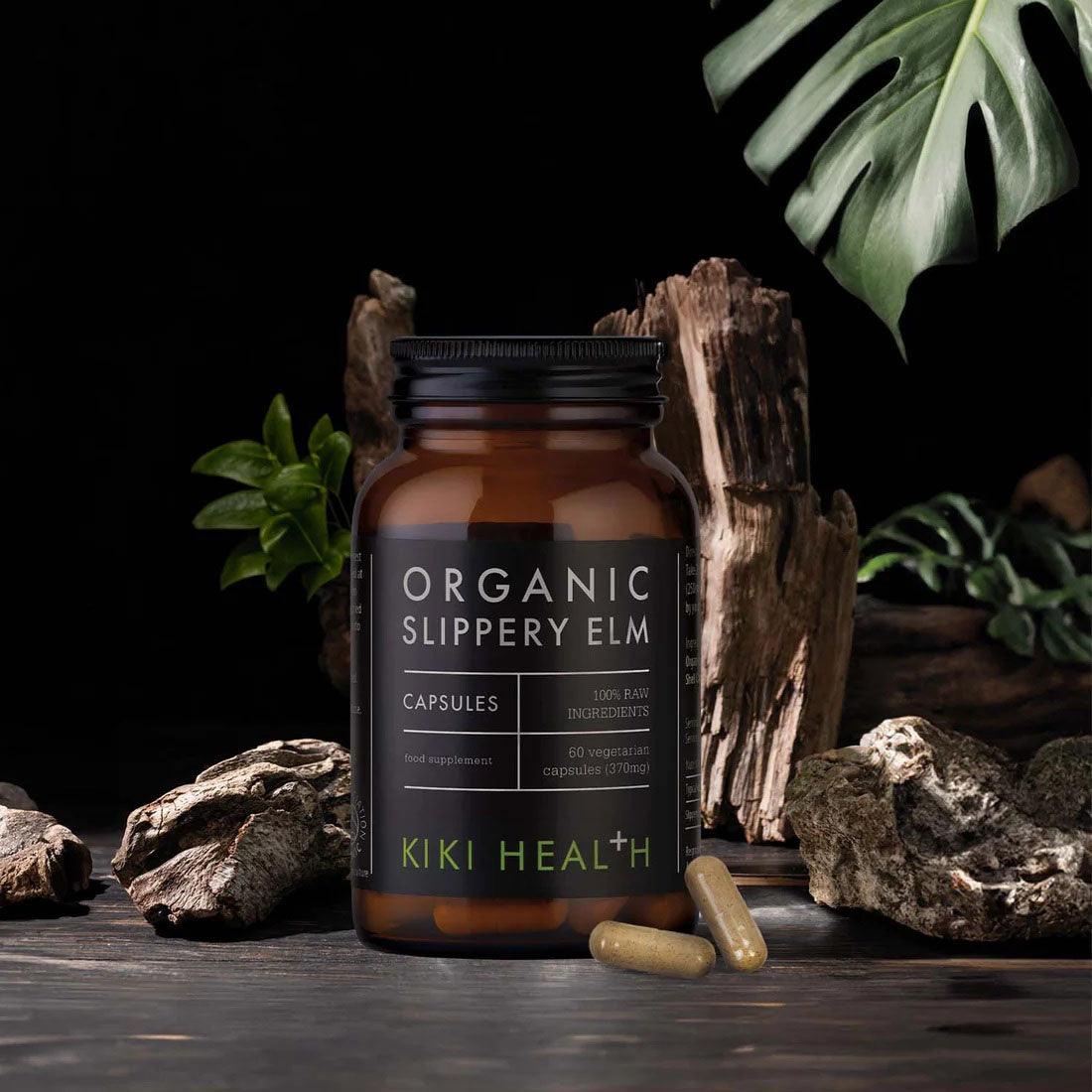 Kiki Health Organic Slippery Elm supplement in 60 vegetarian capsules, showing the capsules and herbal packaging.