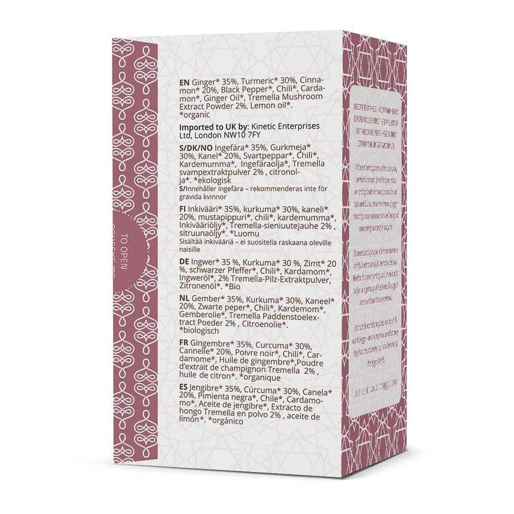Herbalistas RA Hygge BIO Spice It Up herbal tea with Tremella in a box, featuring 16 tea bags and a spice-themed background.