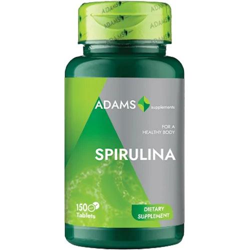 Adams Supplements Spirulina 400mg supplement bottles with 150 capsules, featuring green spirulina tablets in a container.