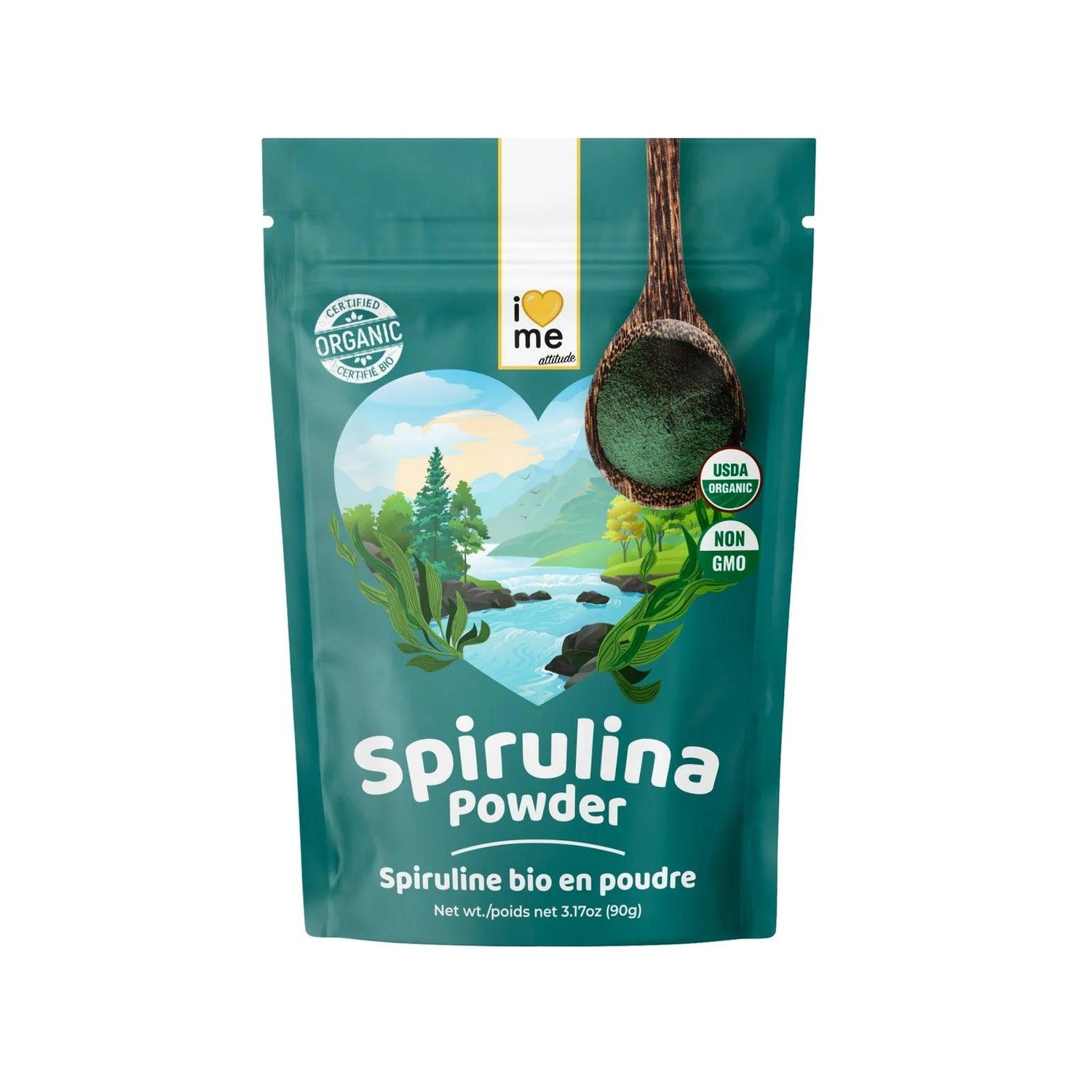Organic Spirulina powder by ILOVE ME in a 90g container, green powdered supplement with a vibrant, natural appearance.