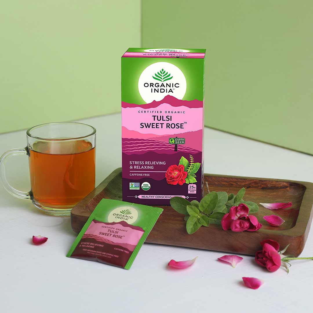 Organic India, Чай BIO Tulsi Sweet Rose, без кофеина, 25 пакетиков для заваривания 