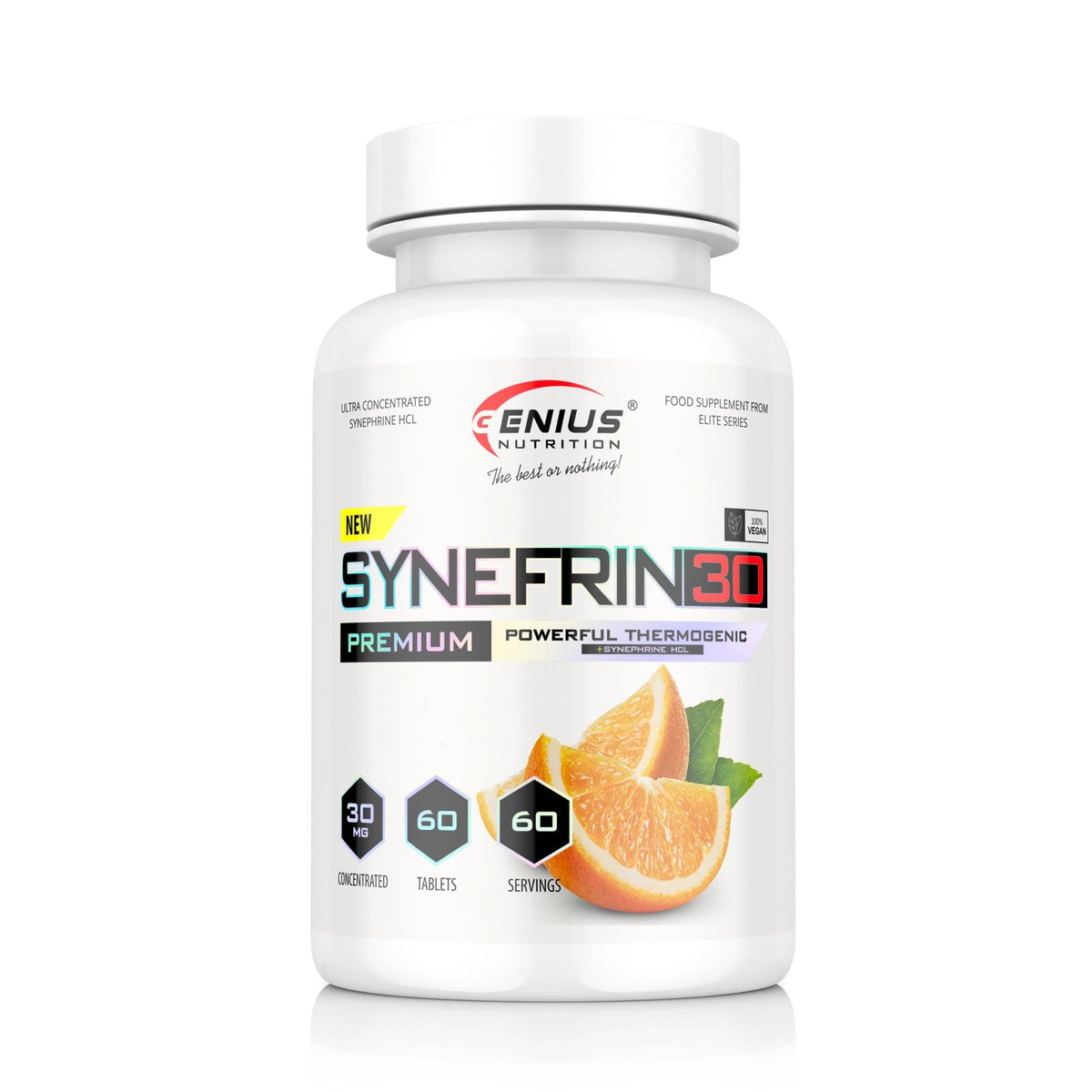 Genius Nutrition SYNEFRIN30 supplement bottle with 60 tabs, featuring a sleek label design and product details.