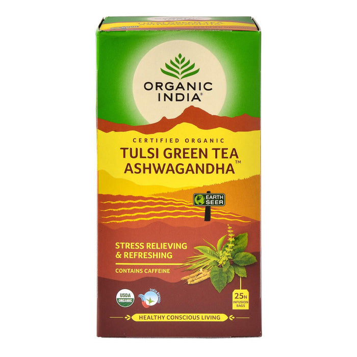 Organic India, Зеленый чай BIO Tulsi, ашваганда, 25 пакетиков для заваривания 