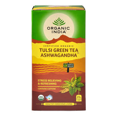 Organic India, Зеленый чай BIO Tulsi, ашваганда, 25 пакетиков для заваривания 