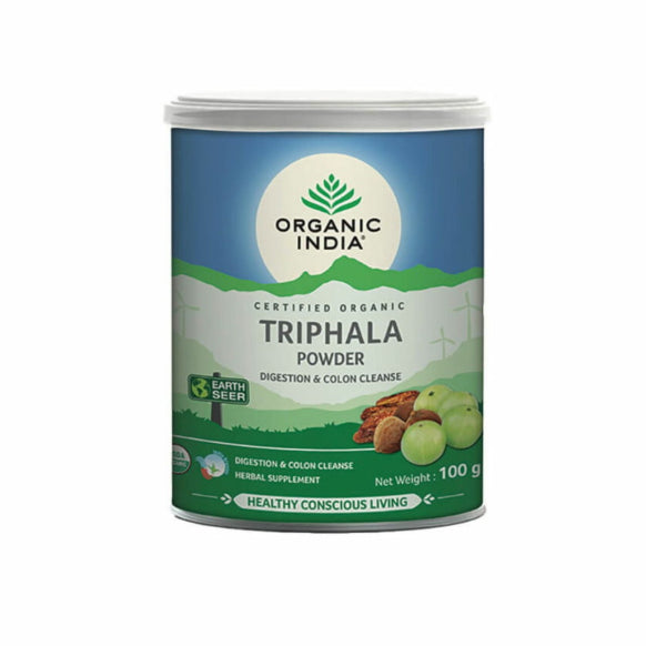 Organic India BIO Triphala Powder in a 100g package, herbal supplement with 35 servings, produced by HERBALISTAS.
