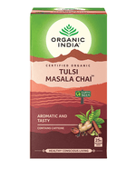 Organic India BIO Tulsi Masala Chai Tea in 25 infusion bags, featuring aromatic spices and fresh tulsi leaves.
