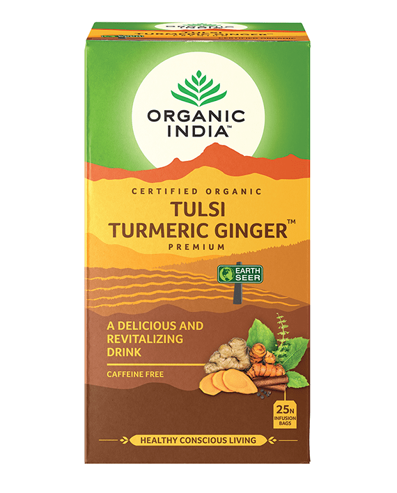 Organic India Tulsi Turmeric Ginger herbal tea in a box with 25 infusion bags, featuring fresh turmeric, ginger, and tulsi leaves.