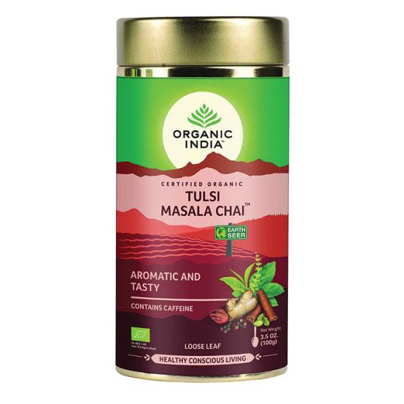 Organic India BIO Tulsi Masala loose leaf tea in a 100g tin, featuring fragrant herbal tea leaves with traditional masala spices.