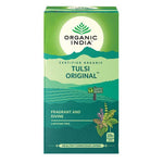 Organic India BIO Tulsi Original herbal tea in a box with 25 infusion bags, featuring fresh tulsi leaves and natural packaging.