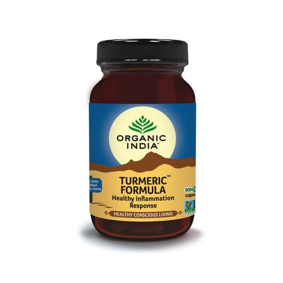 Organic India BIO Turmeric Formula capsules by Herbalistas, showing a close-up of the supplement bottle and turmeric capsules.