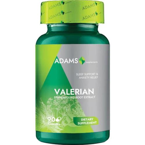 Bottle of Adams Supplements Valerian 300mg capsules with 90 softgels in a clear container, used for relaxation and sleep support.