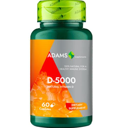 Bottle of Adams Supplements Vitamin D-5000 softgels showing the label and 60 capsules inside.