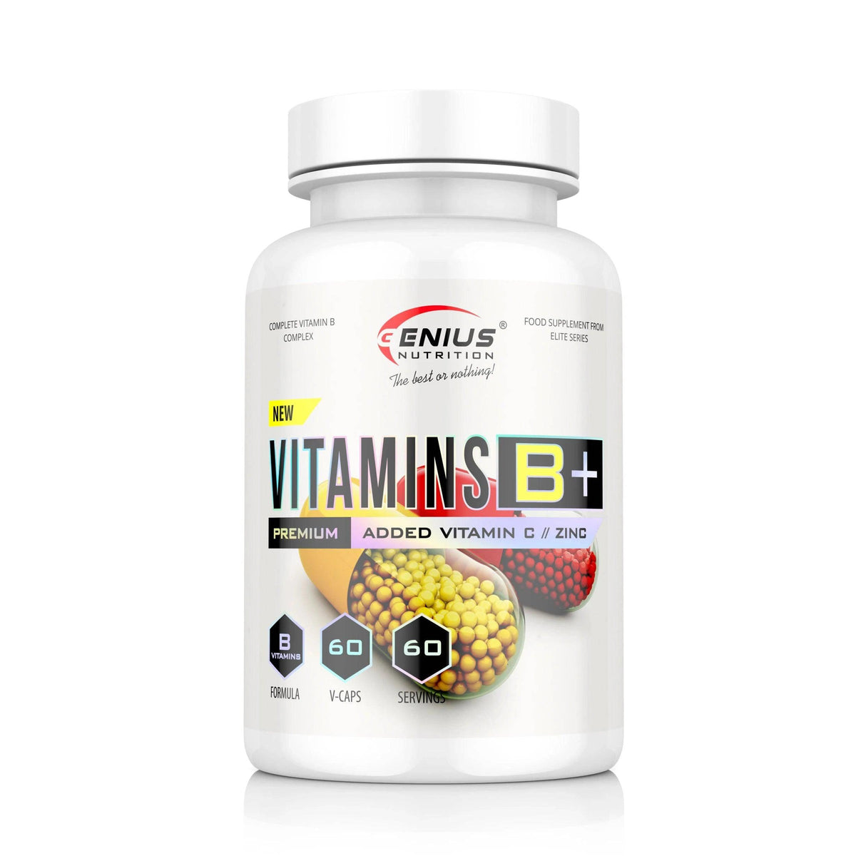 Supplements image showing Genius Nutrition Vitamin B+ 60 capsules, a dietary supplement for energy and overall health.