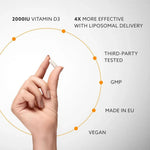 Herbalistas Purovitalis Liposomal Vitamin D3 & K2 supplement capsules, 2000 IU, shown in a bottle with label details.