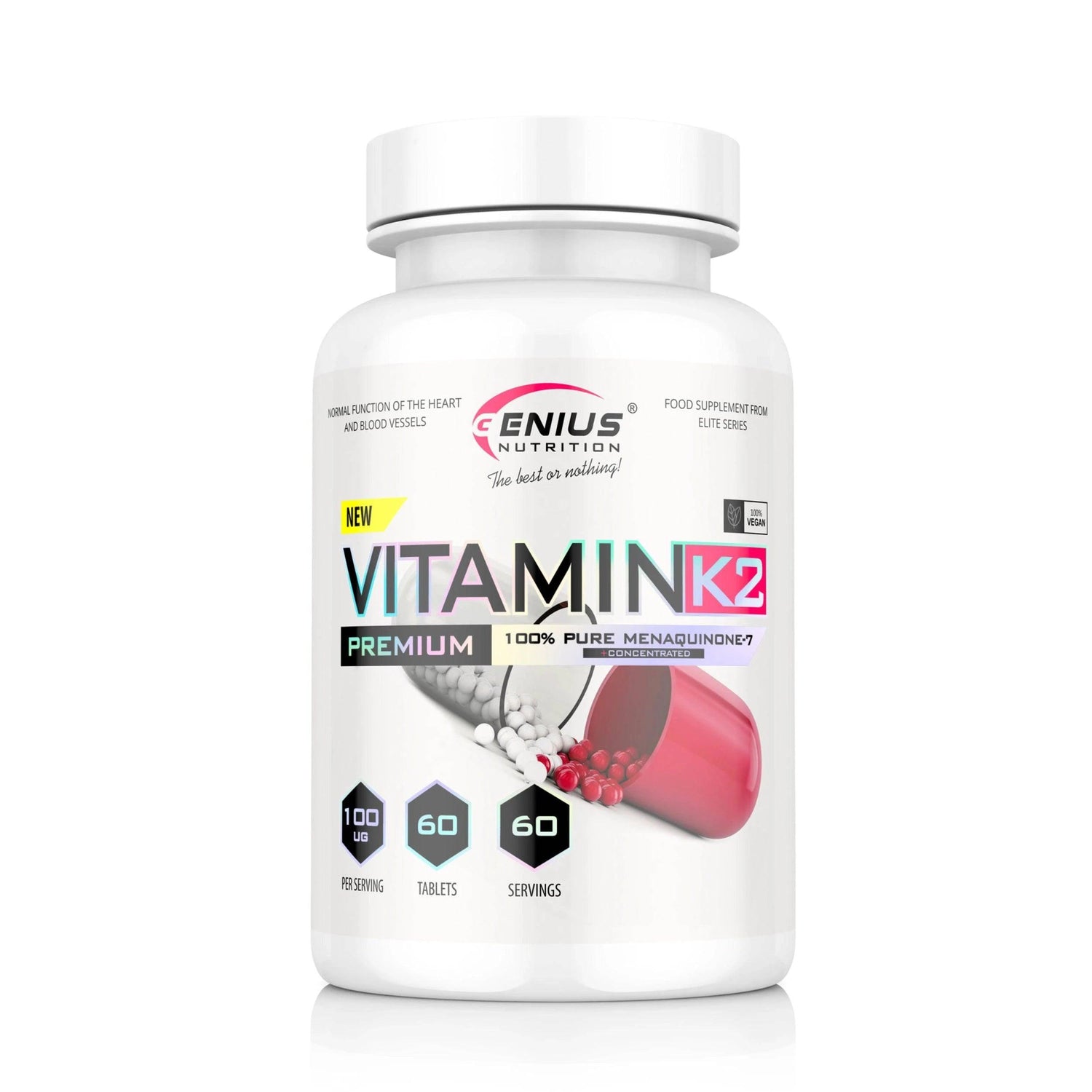 Genius Nutrition Vitamin K2 supplement bottle with 60 tablets, showing the label and product packaging.