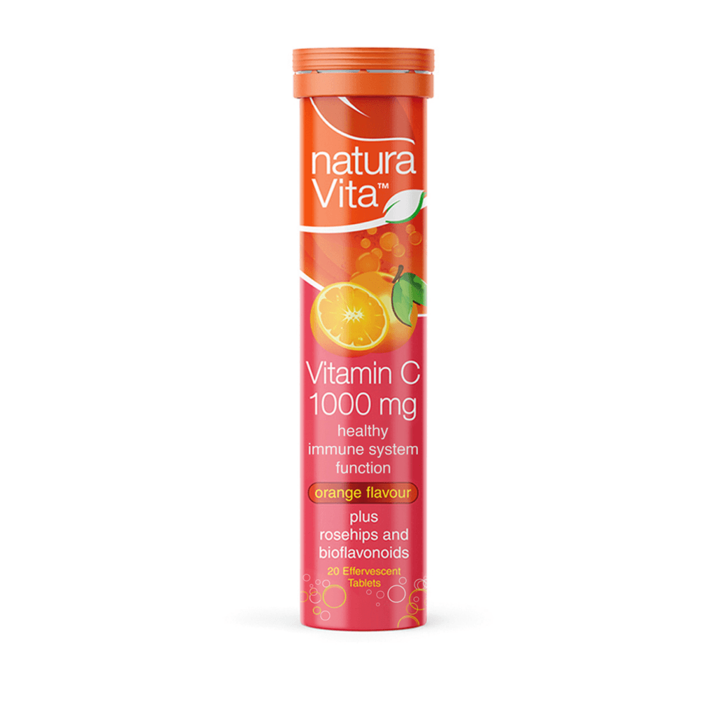 Vitamin C 1000 mg supplement by MKSTAVRINOS with rosehips and bioflavonoids, shown in orange-flavored capsules.