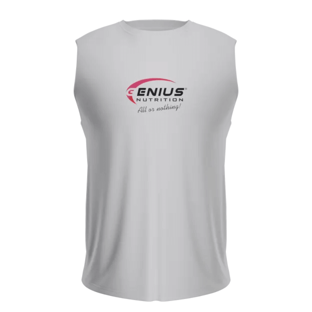 Genius Nutrition GN® fitness tank top displayed on a model, lightweight athletic sleeveless shirt for workout and training.