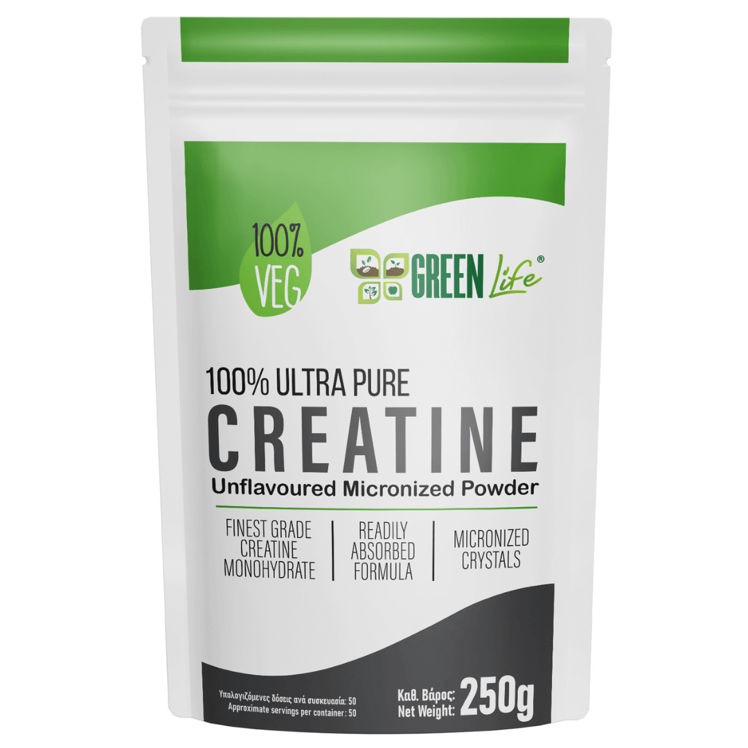 Green Life Cyprus Ultra Pure Creatine supplement in a 250g container, showing the green and white label design.