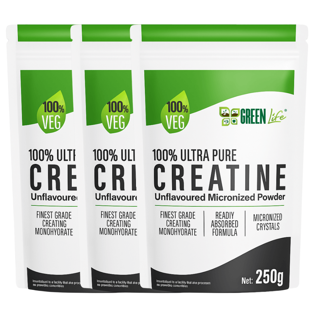 Green Life Cyprus ultra pure creatine supplement in a 250g container, showcasing the green label and product packaging.