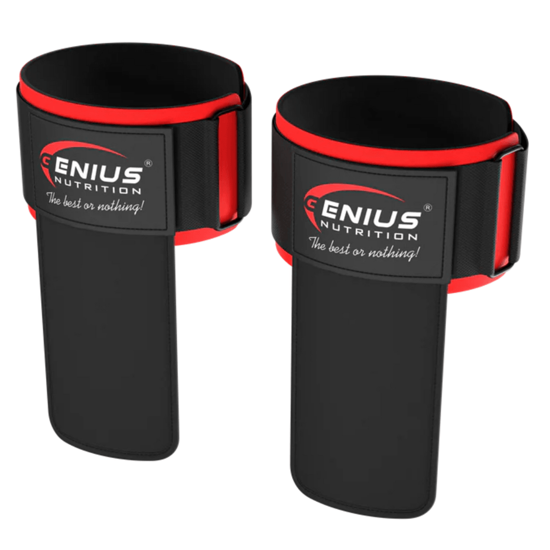 Genius Nutrition grip pads wrist straps for fitness equipment, showing padded design and adjustable straps for support during workouts.