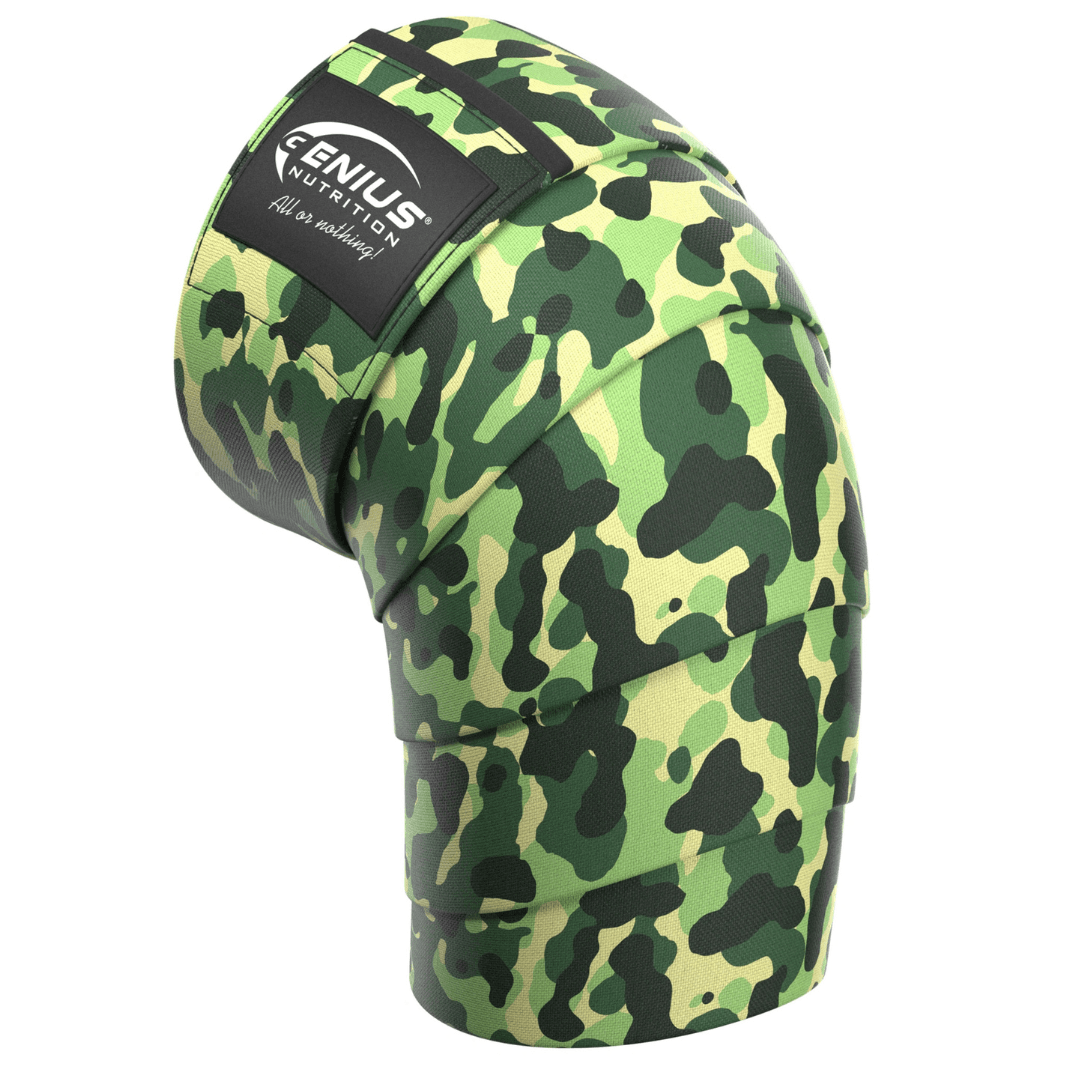 Genius Nutrition KNEE WRAPS GG-2 fitness equipment, one-piece adjustable knee support for workout stability and support.