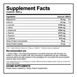 Adams Supplements Muscle-Building Protein in chocolate flavor, 1500g pack with weight gainer and nutritional facts on the label.