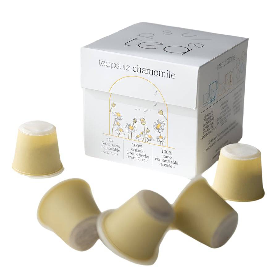 Teapsule Chamomile tea capsules, 10-count, featuring natural dried chamomile flowers in clear capsules for soothing herbal tea.