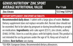 Genius Nutrition Zinc Sport supplement bottle with 60 tablets, showing label and capsule images on a white background.