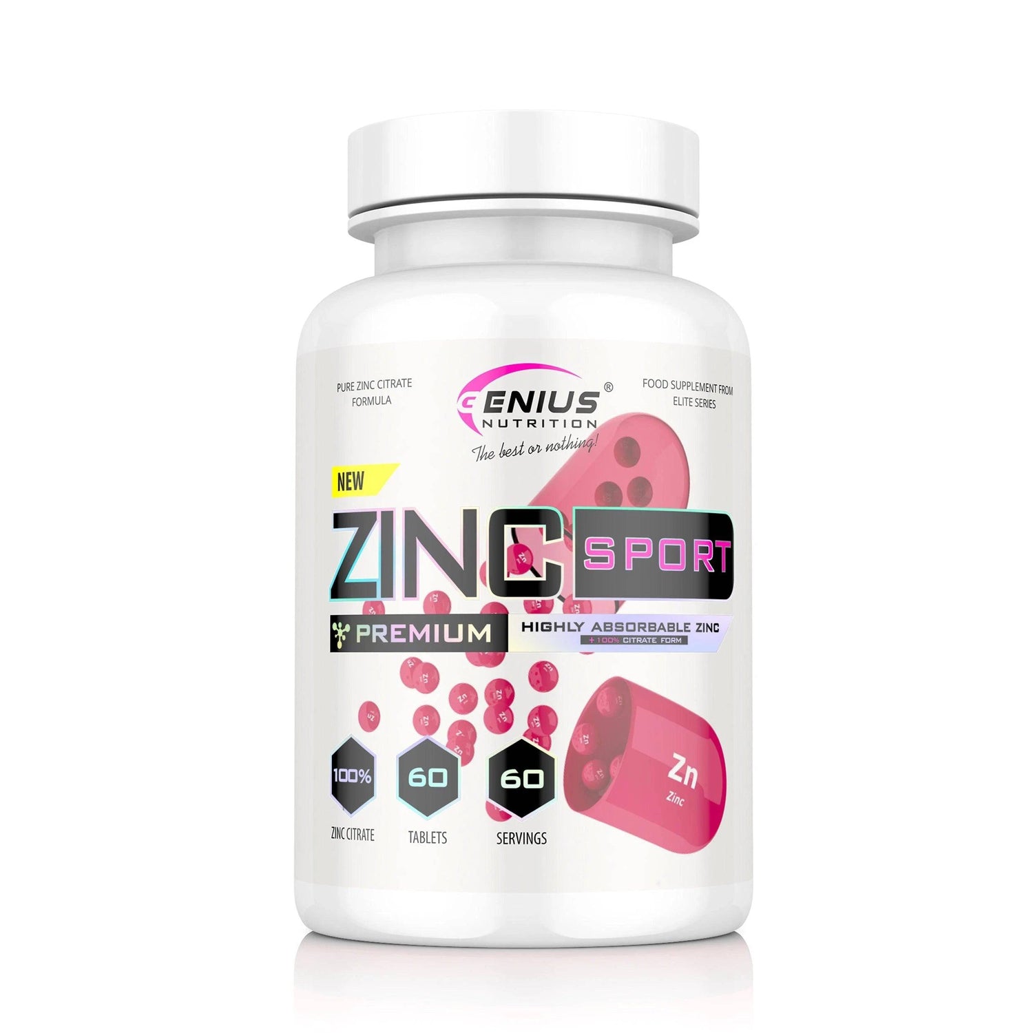Genius Nutrition Zinc Sport supplement bottle with 60 zinc tablets, featuring the product label and branding.