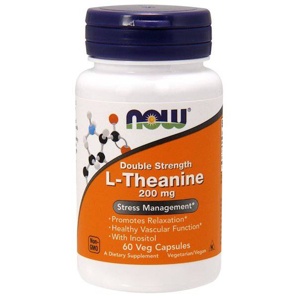 MKSTAVRINOS NOW Foods L-Theanine supplement capsules with 200 mg of double strength L-Theanine in a bottle of 60 veggie capsules
